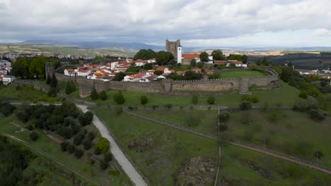 aerial orbit around medieval castle in historic center of braganza portugal