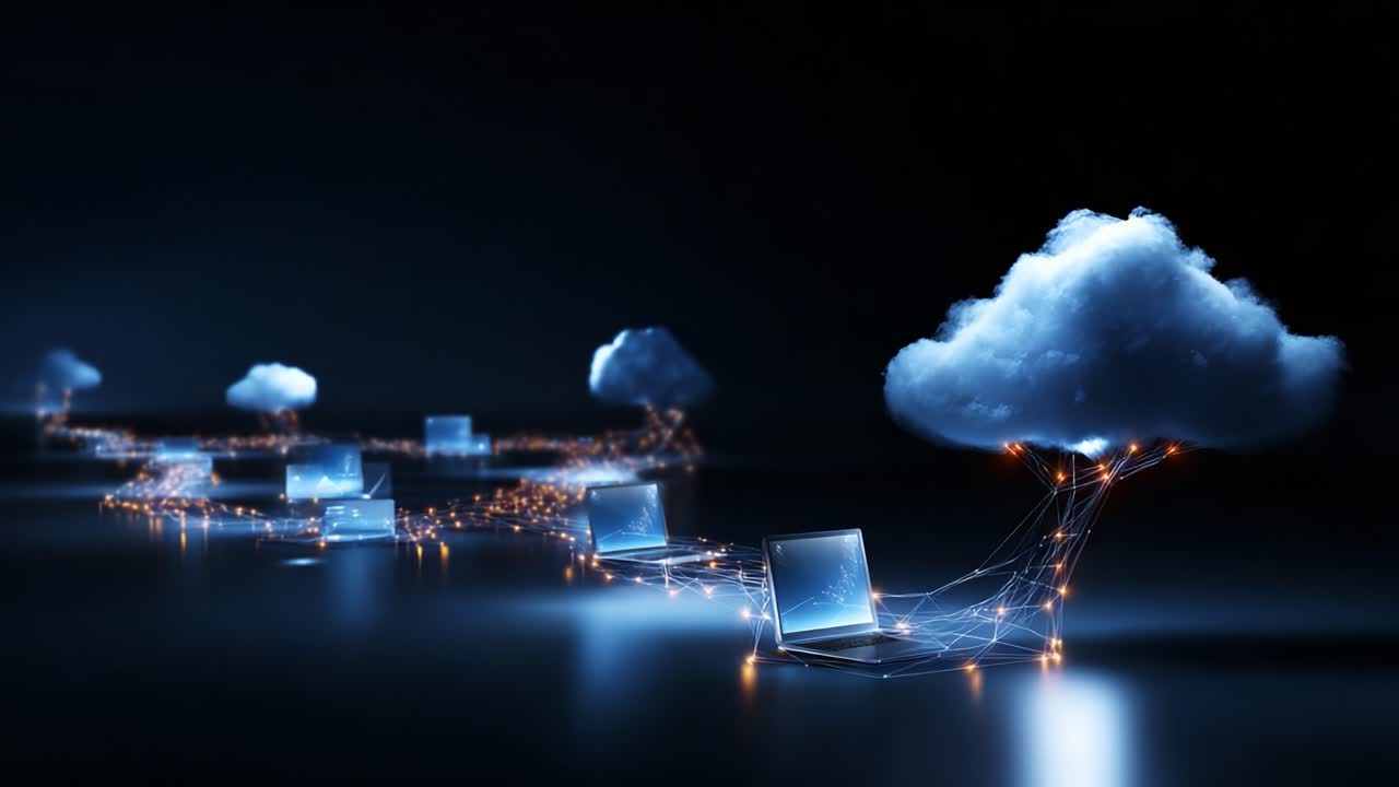 A Digital Journey Through Cloud Computing: Visualizing Data Flow Between Laptops and Clouds in a High-Tech Environment with Multicolored Lights and Networking Connections