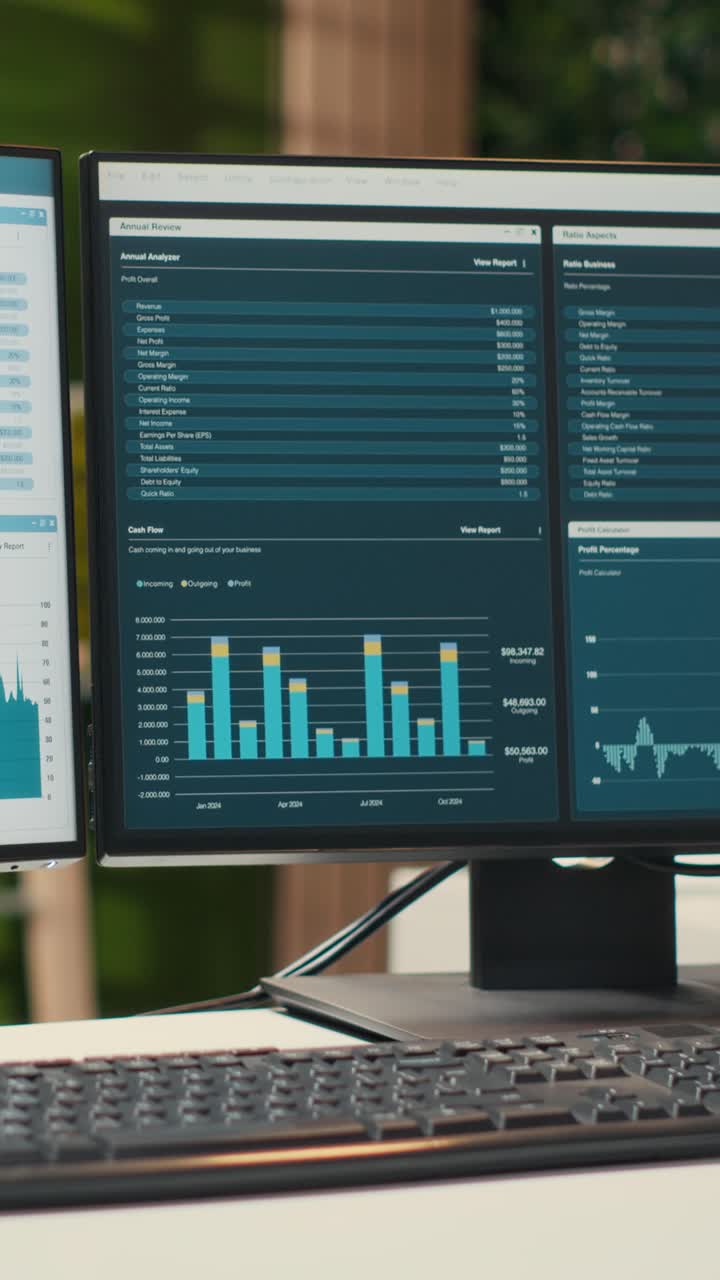 Vertical Video Empty business workplace filled with desks and dual monitors
