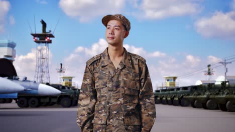soldado hombre asiático mirando a su alrededor mientras está de pie en el campamento militar