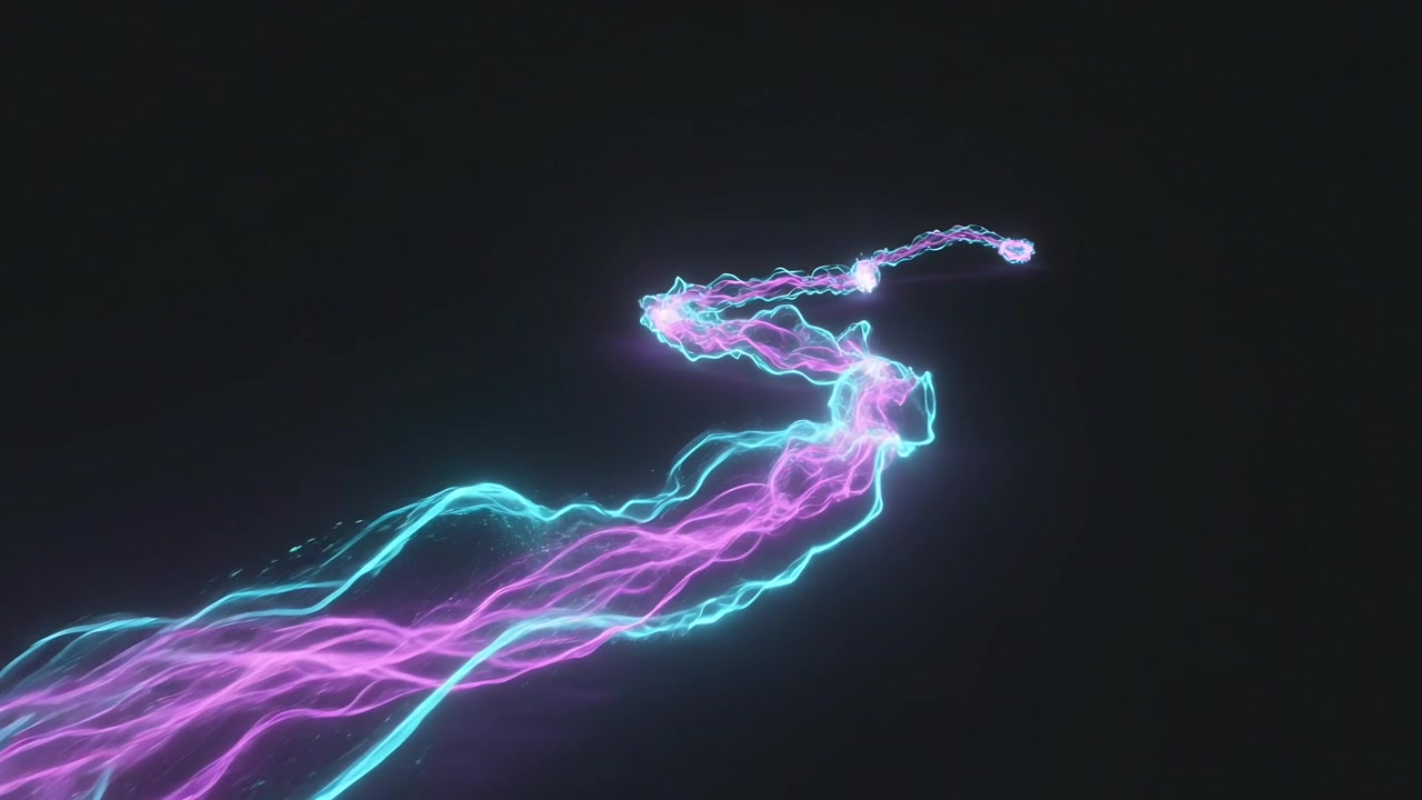 Nastri ciano e magenta in movimento che entrano dal basso a sinistra in un vuoto oscuro, formando un nodo che emette scintille.