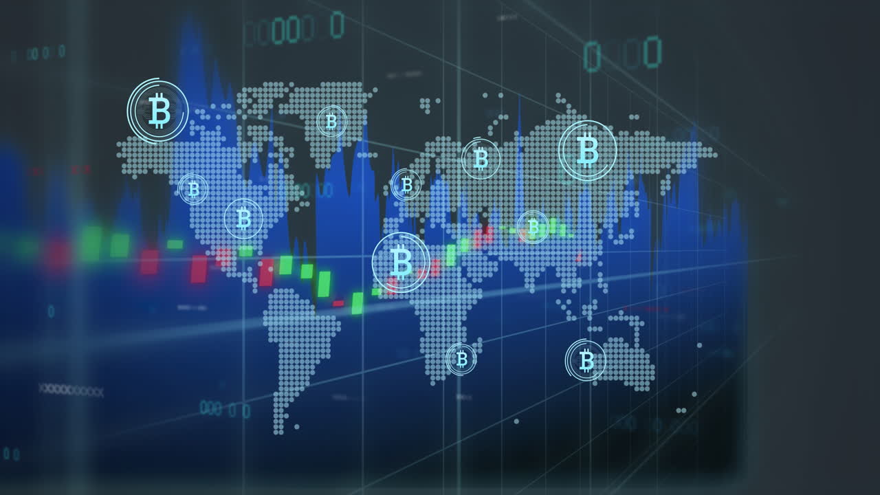 Animation of data processing and bitcoin symbol over world map