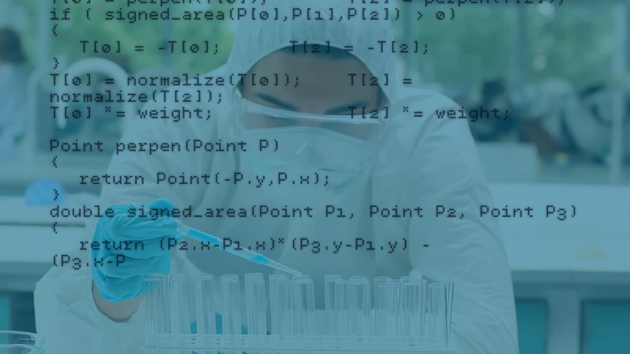 animación de procesamiento de datos contra una científica que trabaja en un laboratorio