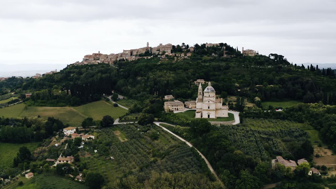 Drone shot of Italy's important Sanctuary of the Madonna amidst the rural countryside