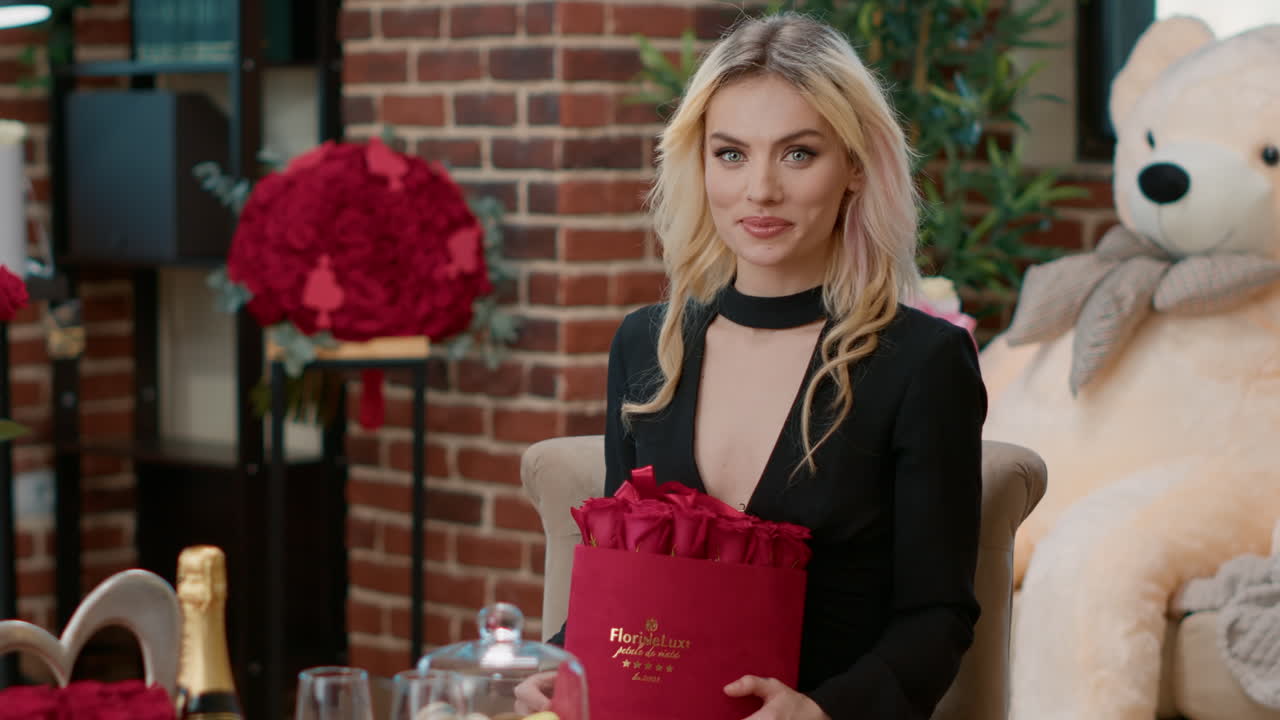 Woman with Roses and Teddy Bear