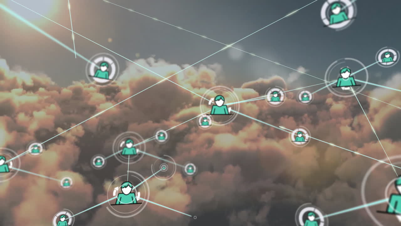 animación de la red de conexiones con iconos sobre nubes