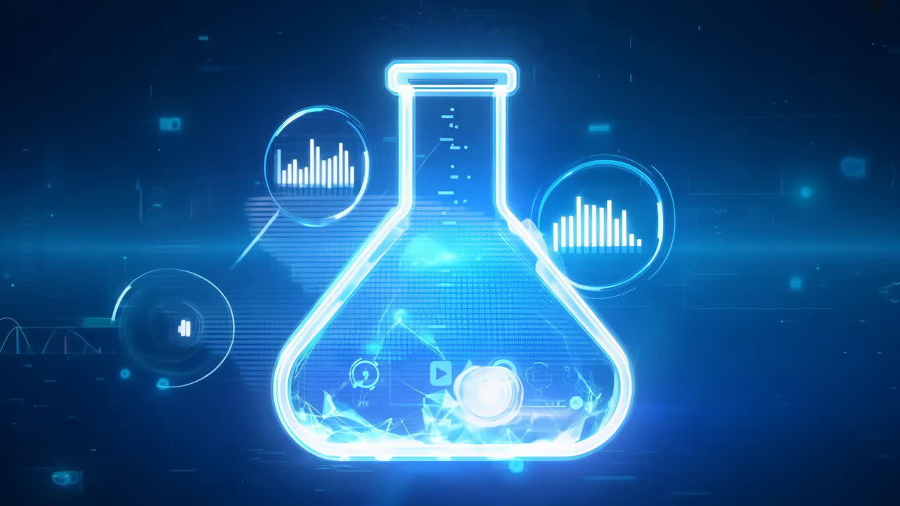 A glowing blue glass beaker with a red triangle on it. The beaker is surrounded by a blue background