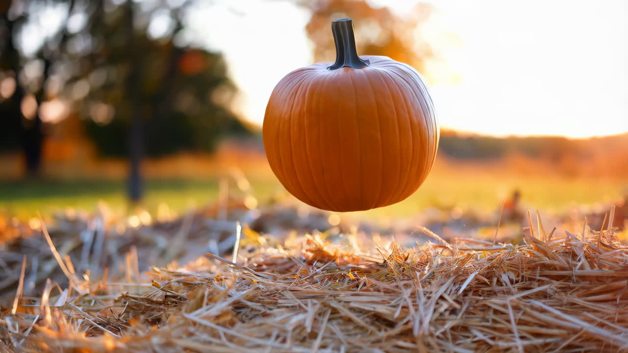 Pumpkin on Hay Bale at Sunset