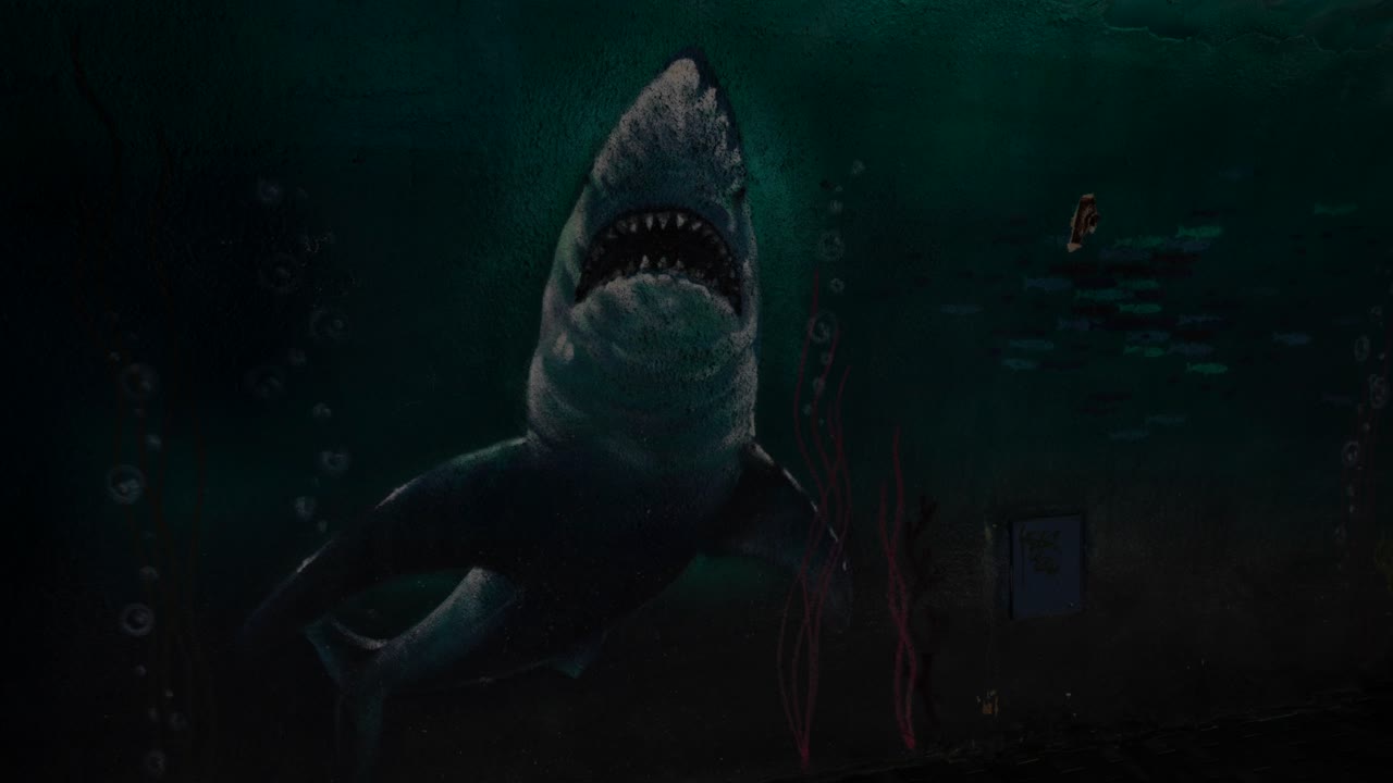 Shark painting inside Laredo Tunnel in Cantabria, with underwater sea life motifs and dark ambiance