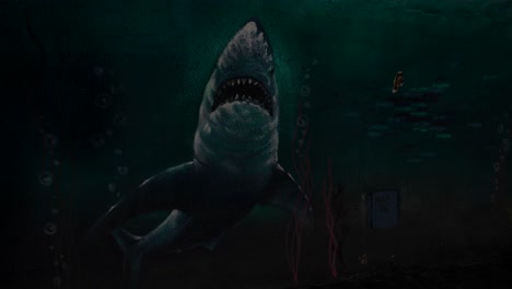 shark painting inside laredo tunnel in cantabria, with underwater sea life motifs and dark ambiance