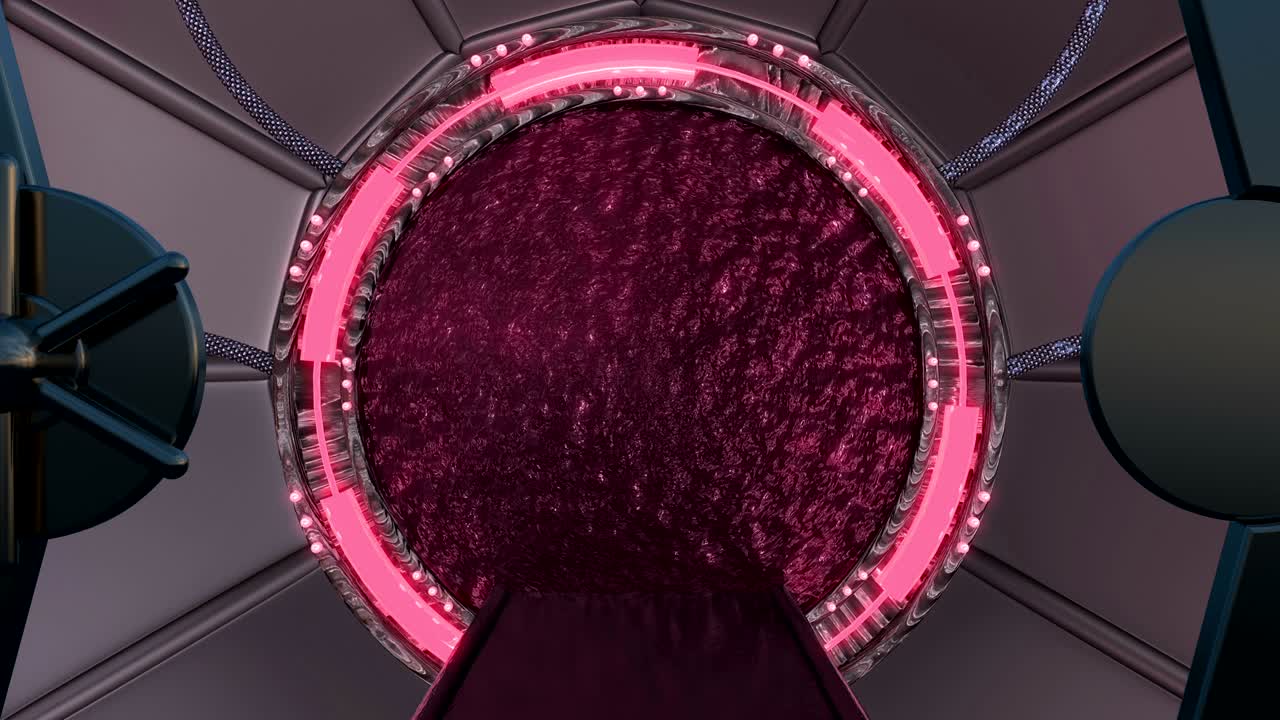 железный люк открывает панорамный вид на пейзажную сцену космического корабля. 3d абстрактный фон научно-фантастического коридора с порталом. футуристическая технология абстрактная vj для технических названий и фона.