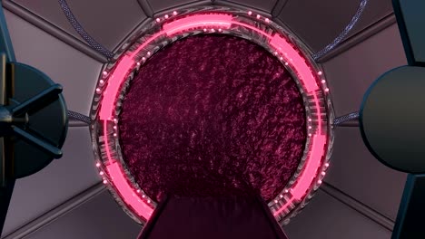 la escotilla de hierro abre una vista panorámica a la escena del paisaje de la nave espacial. fondo abstracto 3d de corredor de ciencia ficción con portal. tecnología futurista abstracto vj para títulos tecnológicos y fondo.