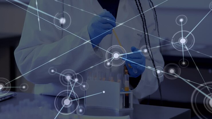 Animation of network of connections over african american female scientist in lab