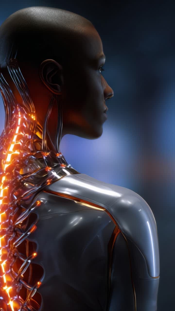 Figura umanoide futuristica con struttura spinale illuminata che mostra un design biomeccanico avanzato in un ambiente cibernetico di grande impatto visivo.