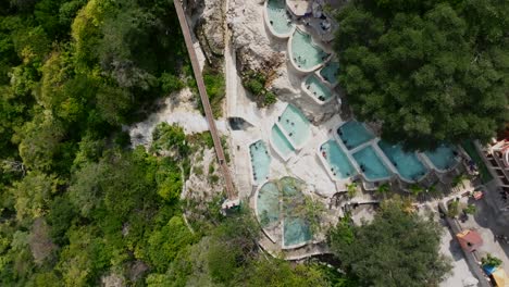 top-down aerial overlooking the turquoise hot springs, canyon valley, and suspended bridge at grutas tolantongo, mexico