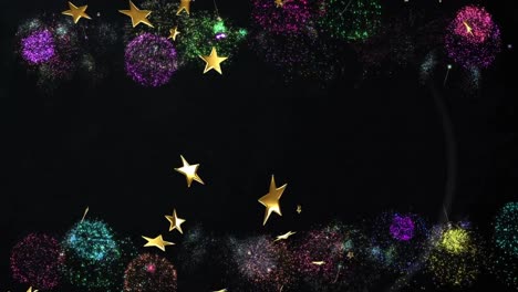 animation of stars floating over fireworks on black background