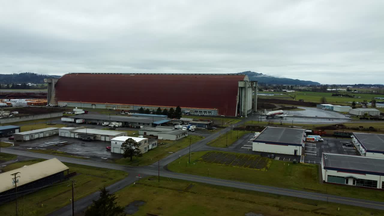US, Oregon, Tillamook, , 2025-02-18 - Drone view of the WWII Blimp Base (now a museum - Tillamook Air Museum) on the Oregon Coast in winter