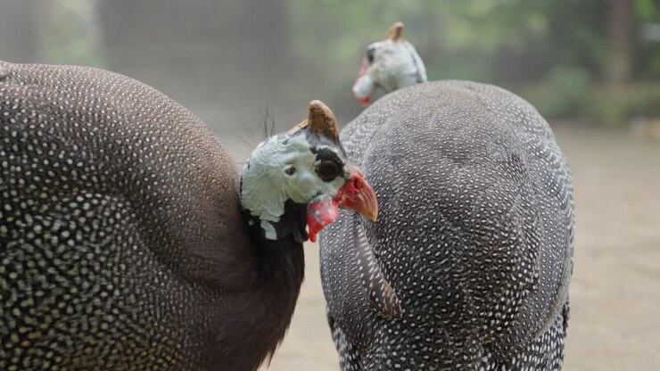 Two Helmeted guineafowl foraging for food. Numida meleagris