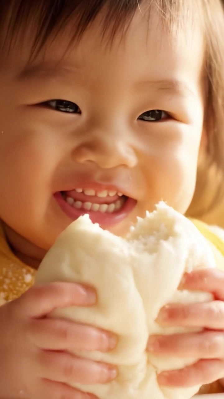 A Delightful Moment: A Young Child Enjoying a Soft Steamed Bun, Capturing Innocence and Joy in Eating, Showcasing the Wonders of Simple Pleasures