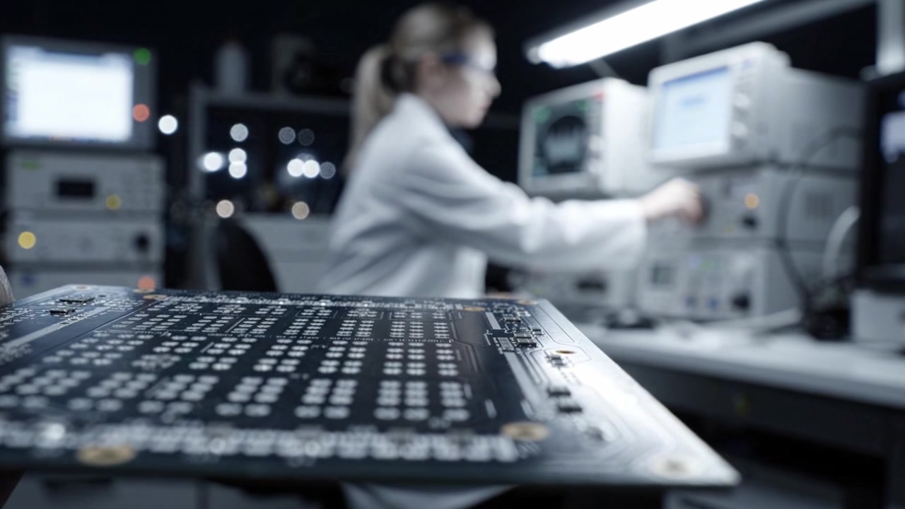 Analyzing Circuit Board: A Technician Works Late at Night in a High-Tech Laboratory, Focusing on Precision and Detail in Electronics Preparation and Testing.