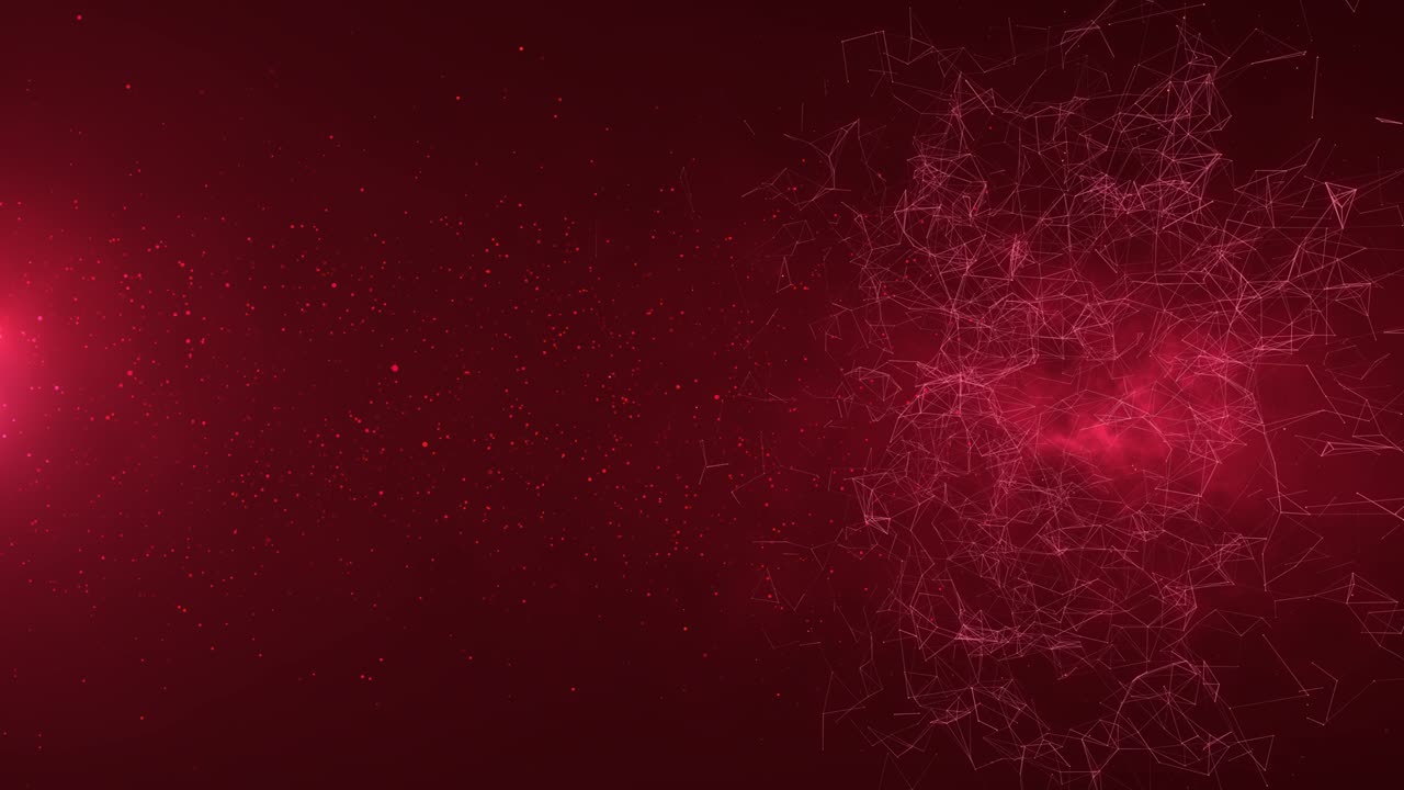 연결된 플렉서스에서 추상적인 구. 움직이는 선, 점 및 삼각형으로 된 기하학적 빨간색 배경. 하늘과 공간에서 별 입자를 가진 과학 및 기술 배경. 필드 설정의 깊이. 컴퓨터가 만들어졌습니다.