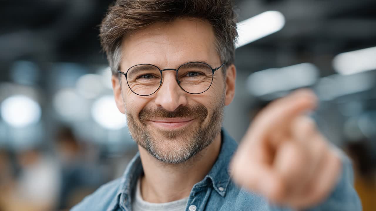 A confident man with glasses and a friendly smile, pointing playfully while engaging in conversation in a modern, well-lit workspace, creates a welcoming atmosphere