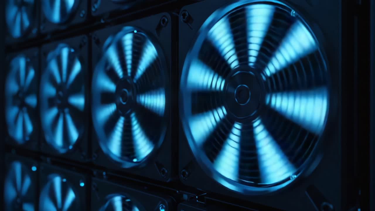 A Close-Up Look at High-Performance Cooling Fans in an Industrial Setting, Highlighting Their Unique Design and Functionality Under Ambient Lighting