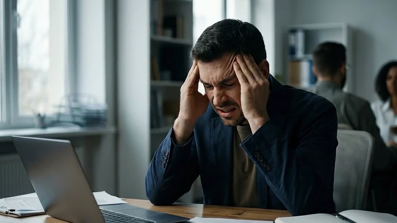 Hombre en la oficina presionándose las sienes con ambas manos, mostrando incomodidad mientras trabaja en el portátil con papeles en el escritorio