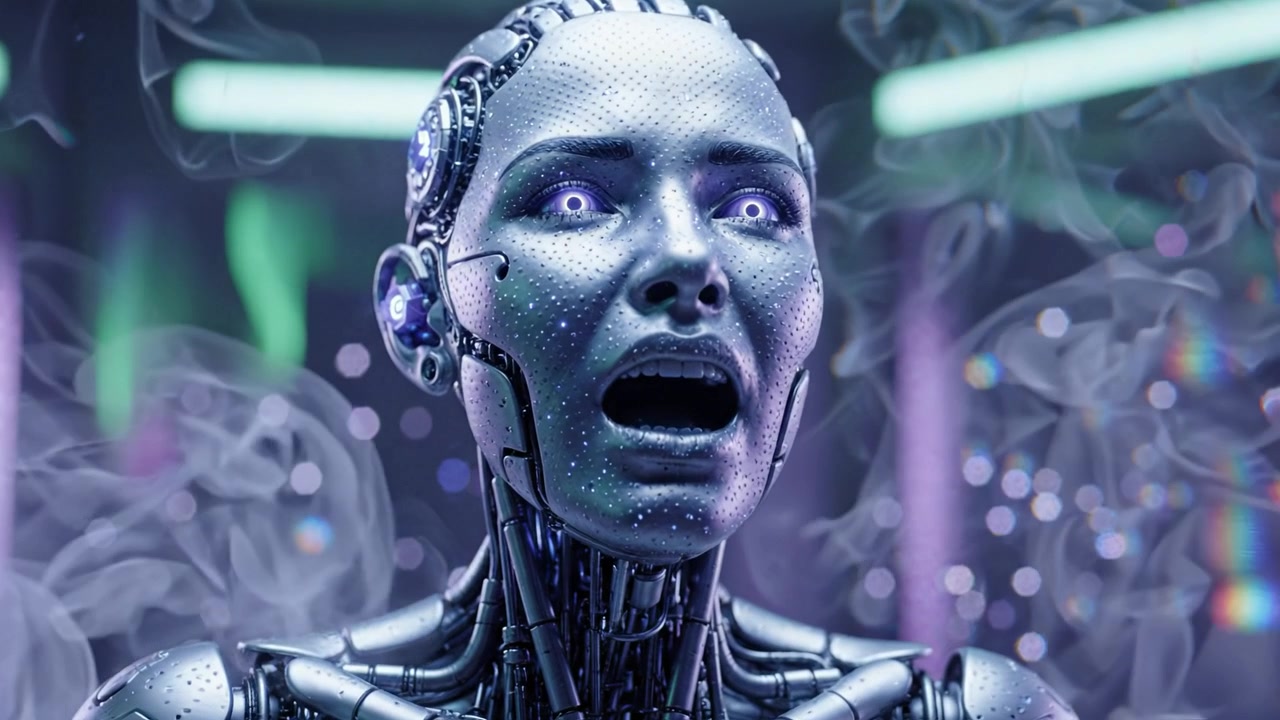 Una figura robotica futuristica che esprime emozioni intense in un'ambientazione drammatica, mostrando tecnologia avanzata ed effetti visivi mozzafiato che sfumano la realtà.