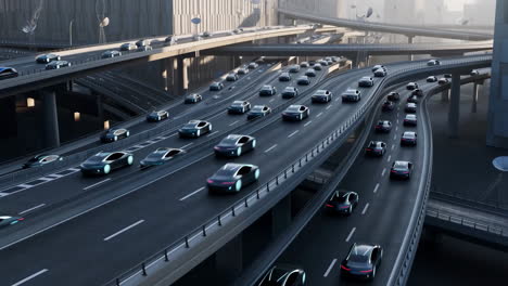 futuristic autonomous cars on a multi-level highway interchange in a smart city