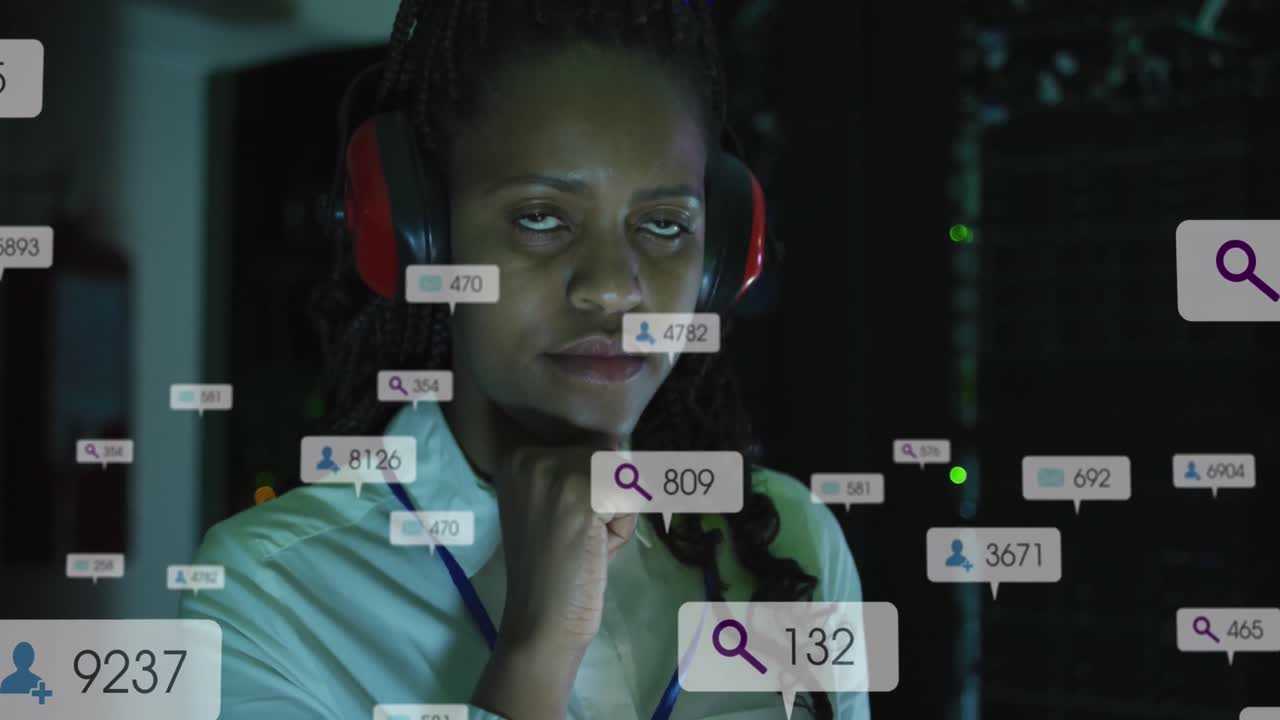 Animation of notification bars over african american woman with headphone standing in server room