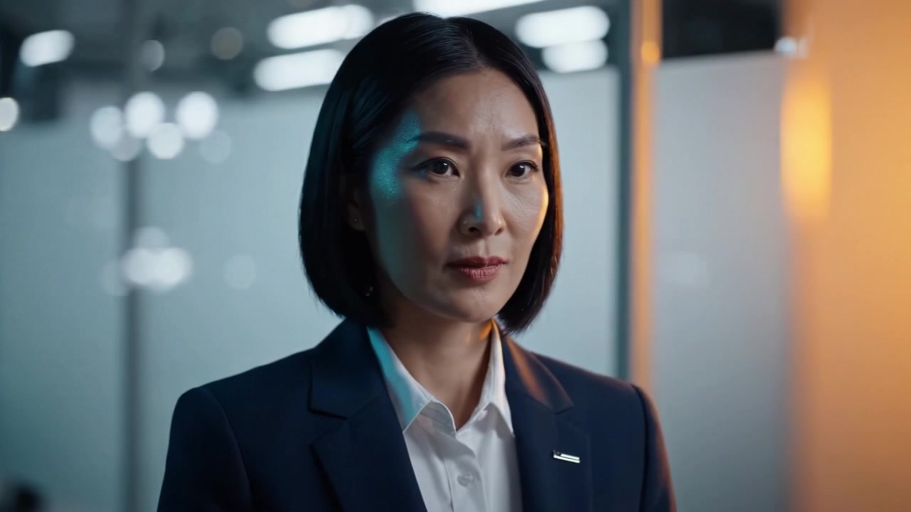 Una donna determinata con un'espressione concentrata si erge con sicurezza in un moderno ambiente d'ufficio, irradiando forza e professionalità in mezzo a una luce soffusa.