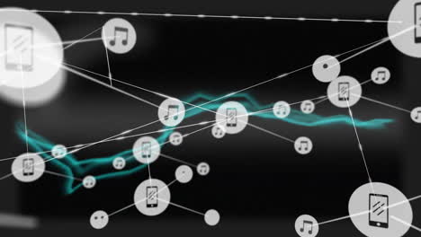 music notes and sound waves animation over connected devices network