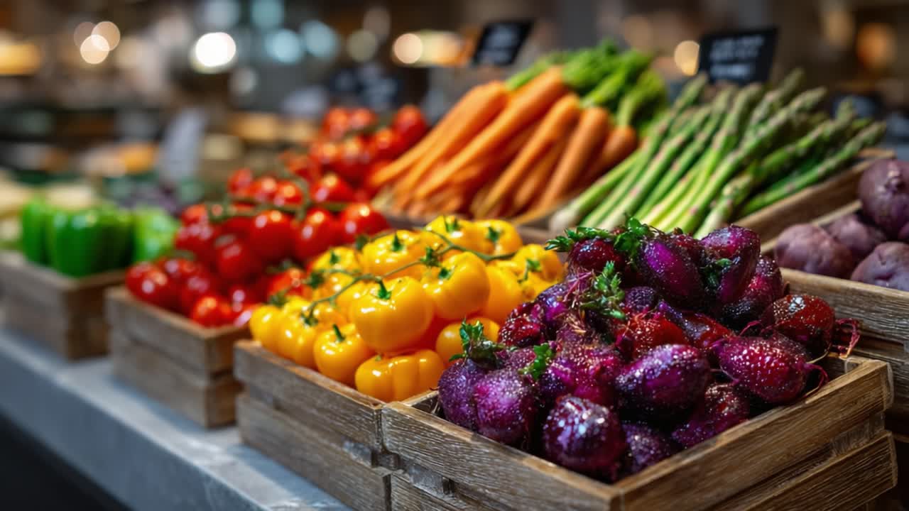 A Colorful Display of Fresh Vegetables and Fruits in Market Baskets, Featuring Bright Bell Peppers, Tomatoes, Carrots, Asparagus, and Potatoes with Shiny Skin