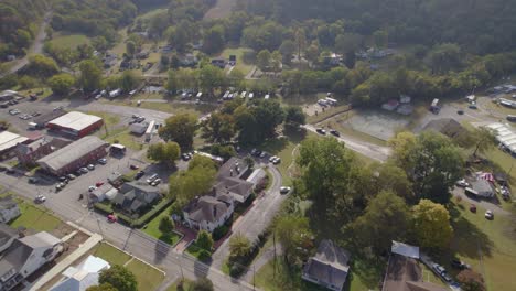 Aerial-establishing-shot-of-a-small-American-town-Lynchburg,-Tennesee