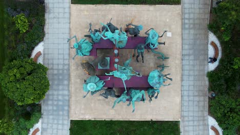 Top-Down-View-Over-The-National-Theatre-Park-And-Statues,-Bucharest,-Romania