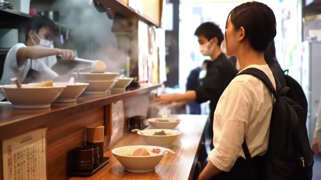 A Captivating Dining Experience: Embracing the Aromas and Flavors of Authentic Cuisine in a Bustling Eatery with the Anticipation of Delicious Bowls of Ramen