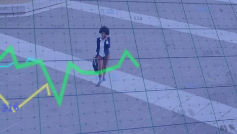 Businesswoman-walking-and-talking-on-phone-over-financial-data-graph-animation