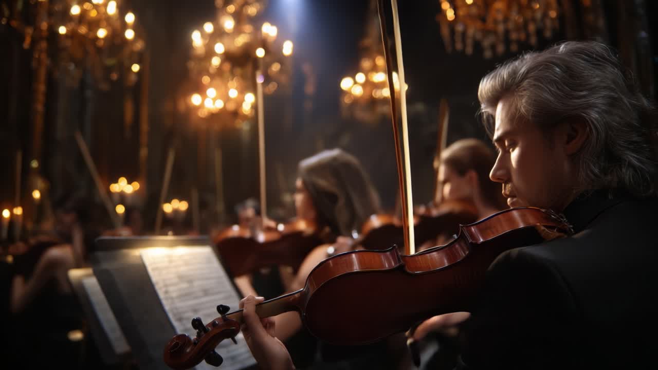 Sinfonia accattivante: musicisti avvolti nell'eleganza e nell'armonia, che si esibiscono in un ambiente sontuoso con lampadari di cristallo che illuminano la loro arte.