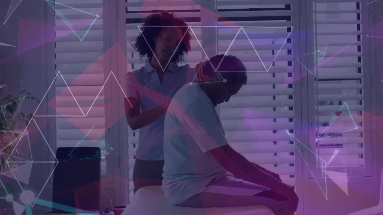 Animation of shapes over diverse doctor and patient doing massage
