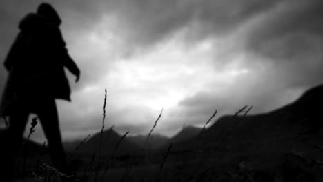 camera moves from grass to show man's silhouette walking on lonely road towards mountains