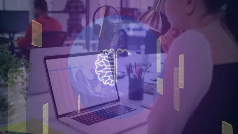 animación de un procesamiento de datos sobre una mujer de negocios biracial usando una computadora portátil