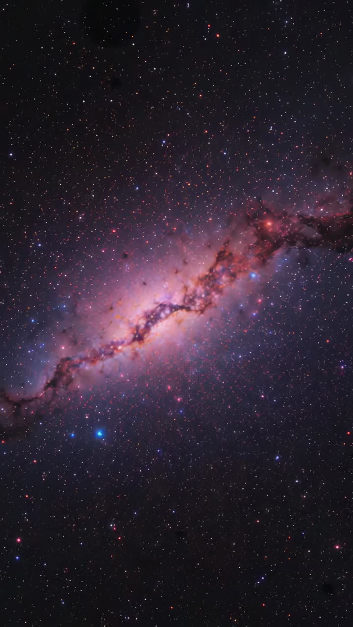 Vertical video: Telescope panning diagonal band in space, capturing pink core, dust lanes, stars