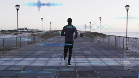 jogging on boardwalk, man with animation of digital data and graphs