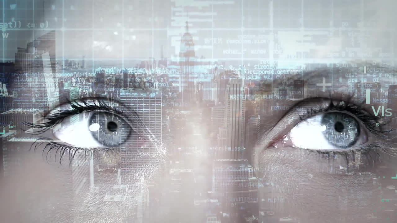 Close-up of eyes with digital data processing animation over cityscape