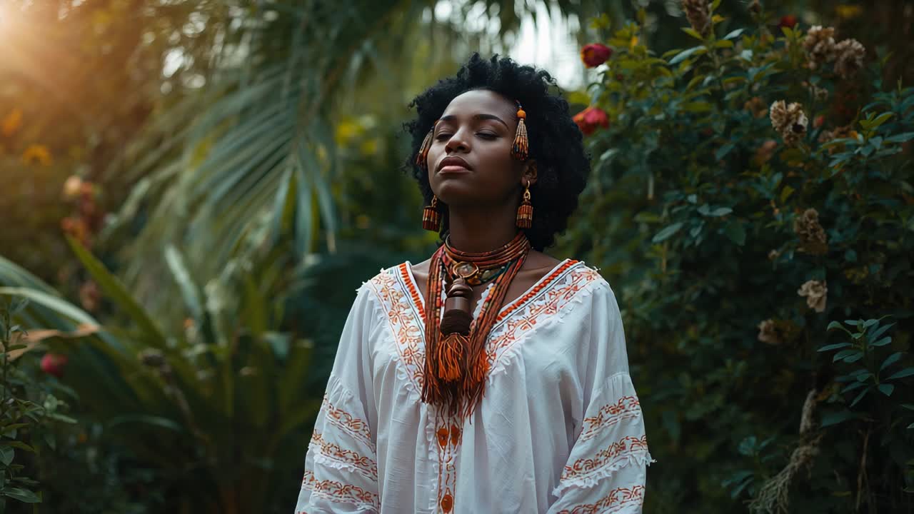 Donna che respira, solleva il mento e assume una posa rilassata in giardino, indossa una tunica bianca e collane di perline