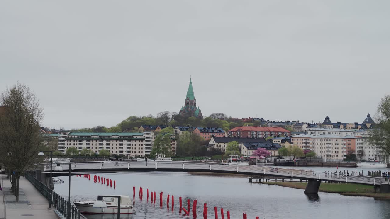 Medium establishing shot over Stockholm
