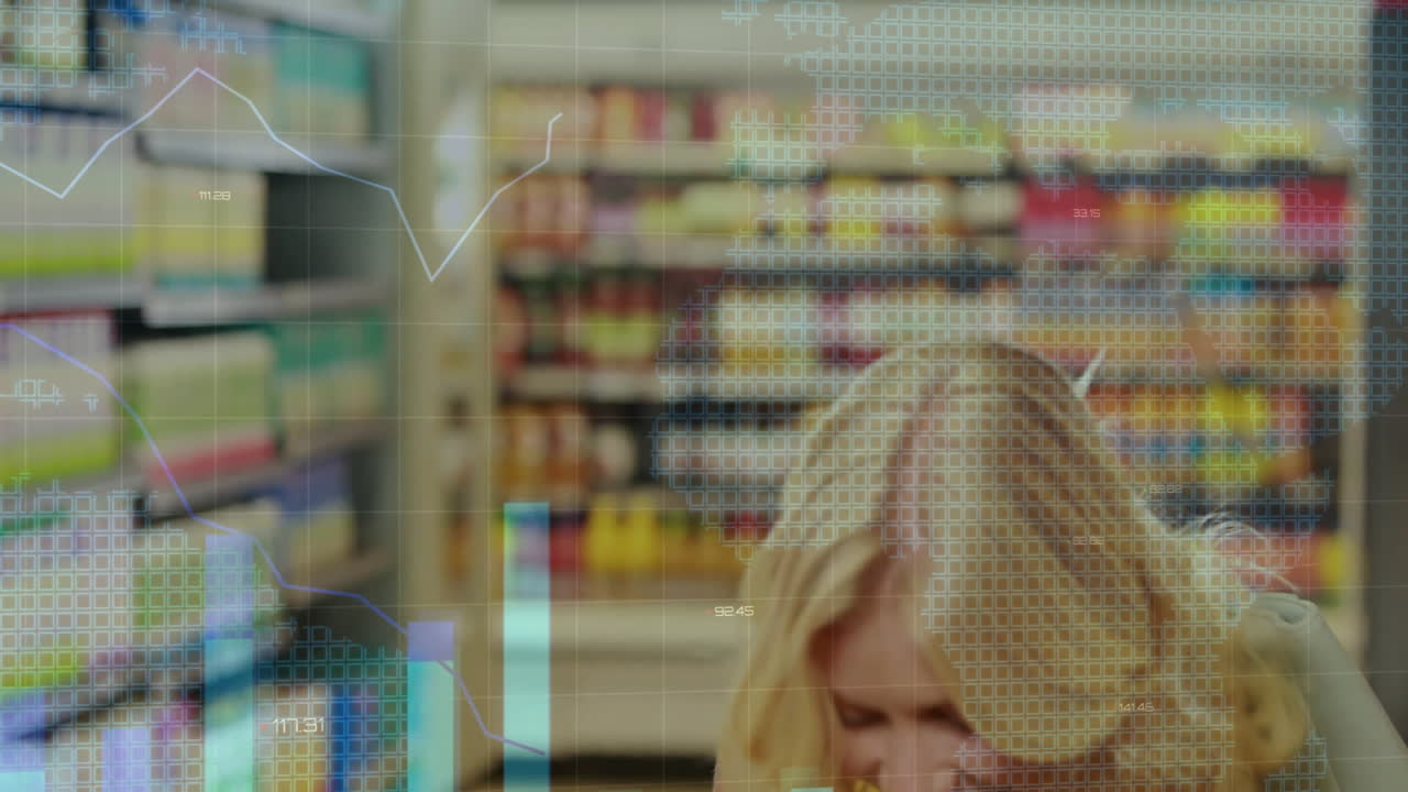 카우카스 여성 쇼핑에 대한 금융 데이터 처리의 애니메이션