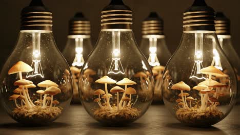 enchanting illuminated mushroom ecosystem: a unique showcase of nature inside light bulbs captures the harmony between artificial and natural worlds