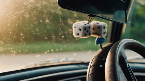 fuzzy dice hanging from a car's rearview mirror